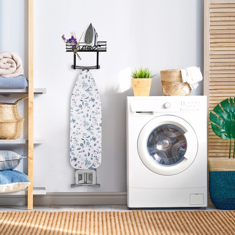 TJMOREE TJ.MOREE Ironing Board Hanger Wall Mount- Laundry Room Decor- Iron and Ironing Board Holder, Laundry Room Organization and Storage with Large Storage Dark Gray Wooden Base Basket and Removable Hooks - Image 3